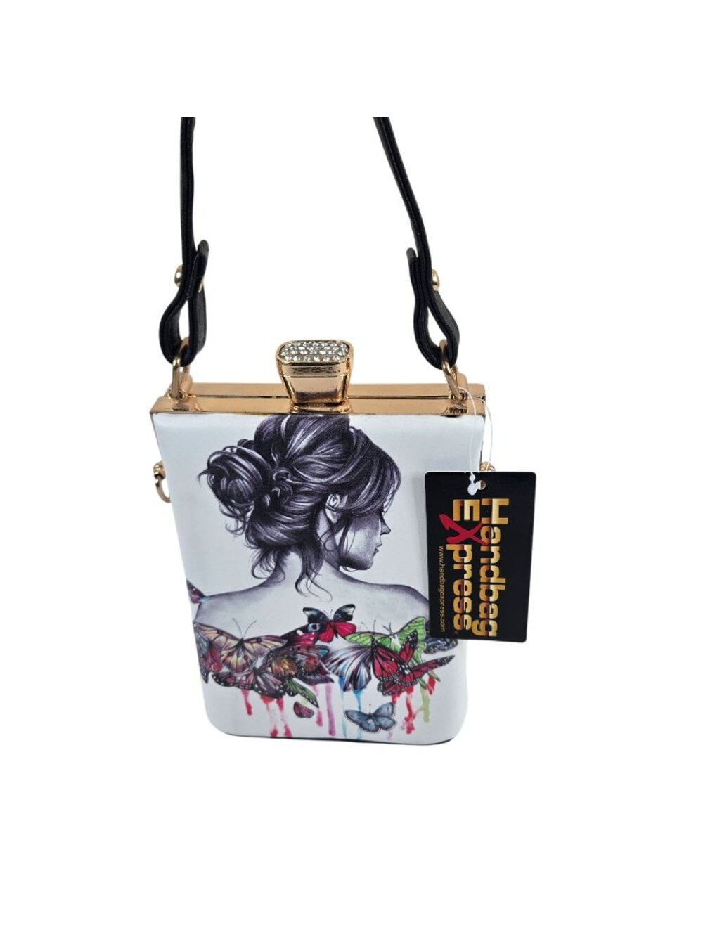 Butterfly Woman Art Clutch Purse Rhinestone Clasp Top Handle Handbag New